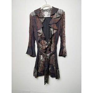 Y2K ALBERTO MAKALI Women's Size L Black Brown Metallic Striped Ruffle Tie‎ Front